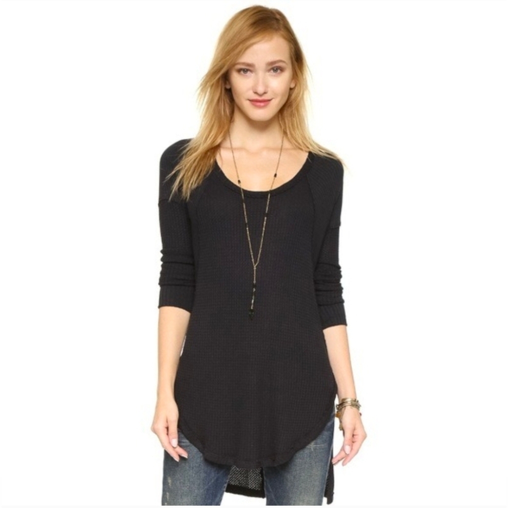 Free People Ventura Waffle Knit Tunic Top, Black, Womens XS Oversized
